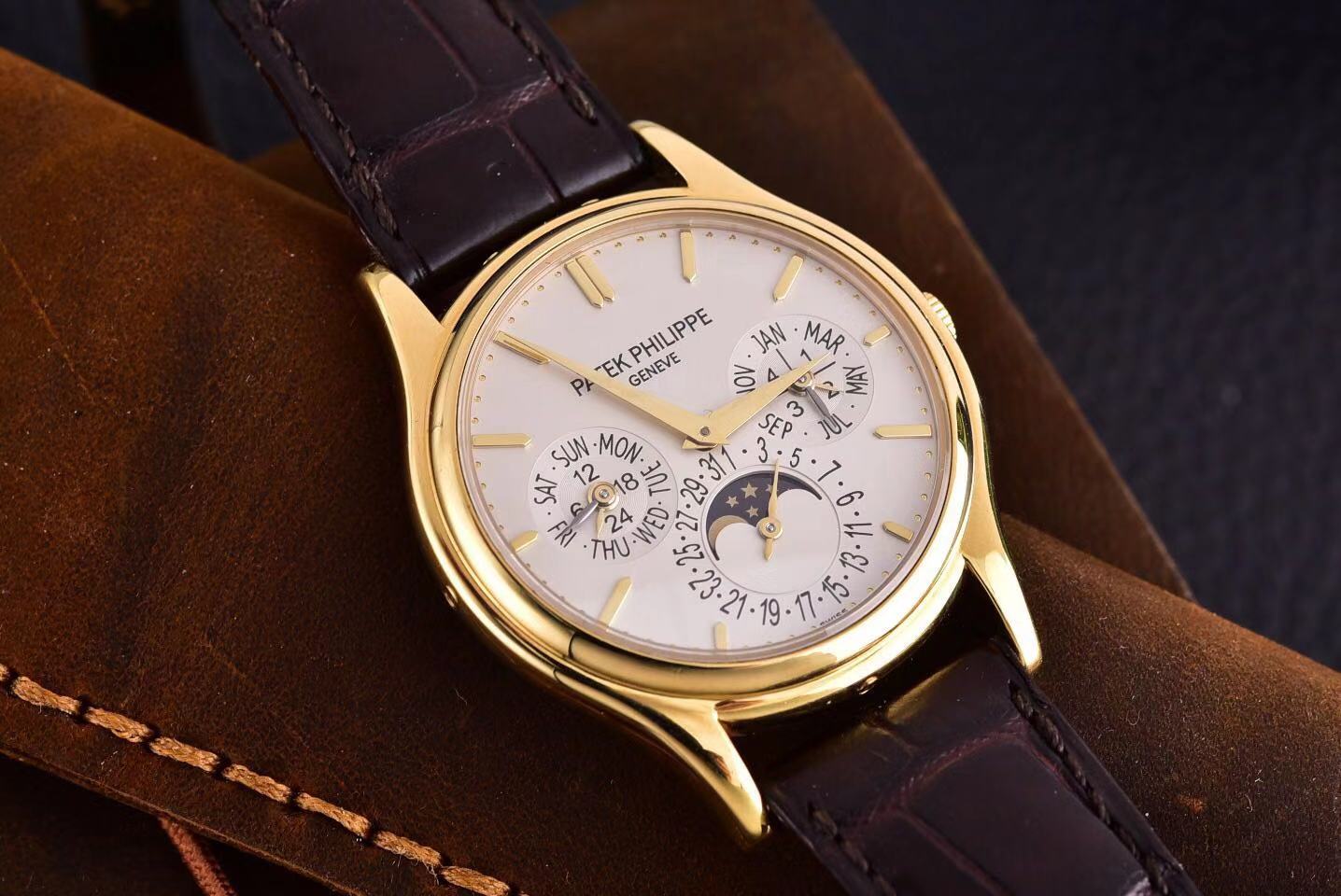 百达翡丽5140j 黄金 万年历 背透珍珠坨 自动机芯 二手大全套 37表径