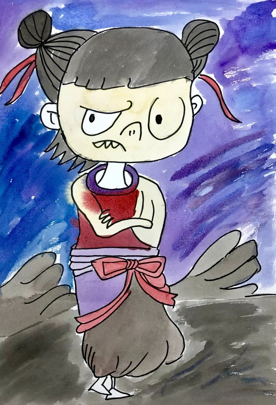 年龄:7岁半选手:胡嘉木8号作品设计说明:我画的哪吒手里拿着火尖枪,他