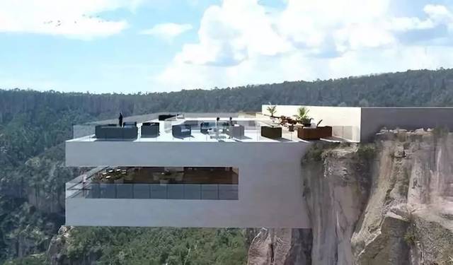 但在设计师的效果图中 隐于深山老林的豪华别墅 半悬空的别墅 低头一
