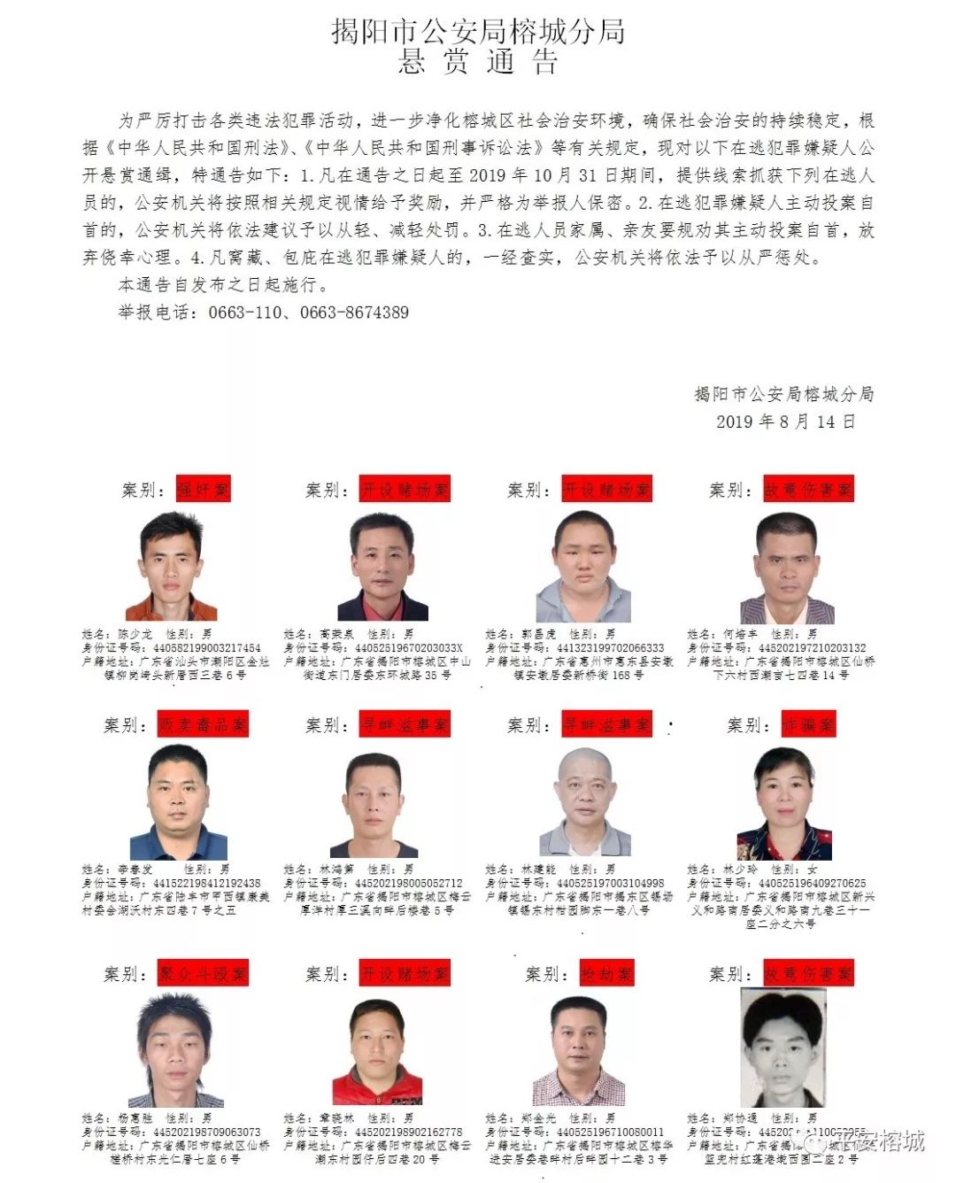 悬赏通告!留意这些揭阳人,提供有效线索视情给予奖励