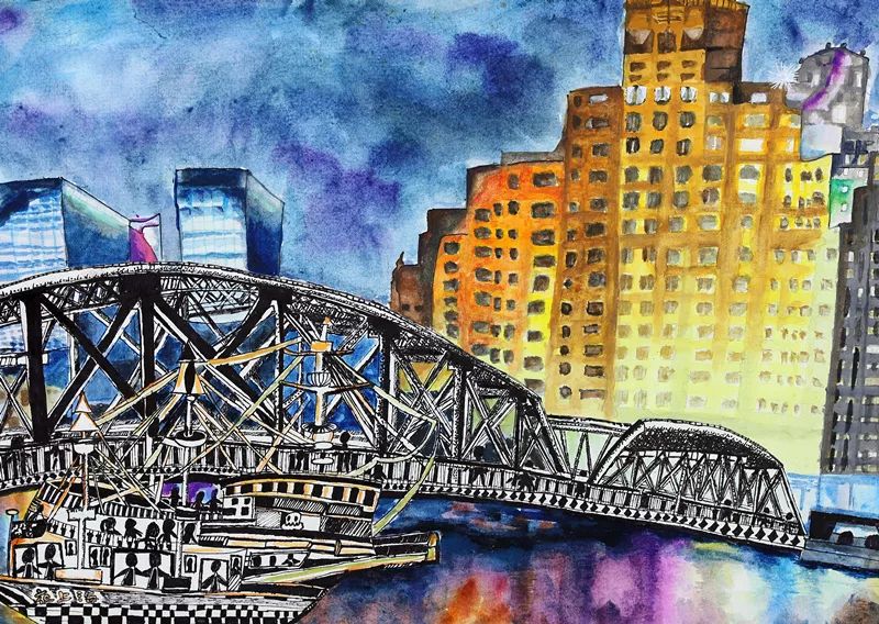 谷雨曦 (7岁)绘▲《夜色下的卢浦大桥》徐昕文(12岁)绘▲《夕阳下的