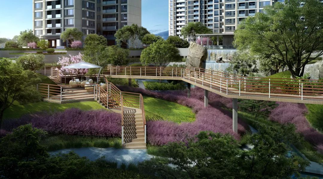 怡心湖岸,中庭效果图在园林的打造上,万科利用南北约8米的自然高差