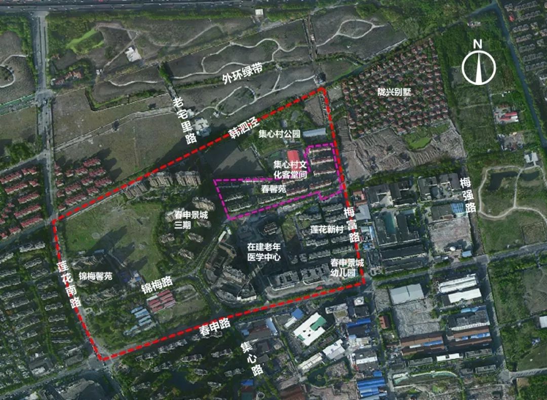 已建成居住区有春馨苑,春申景城三期,锦梅馨苑,莲花新村;配套设施有