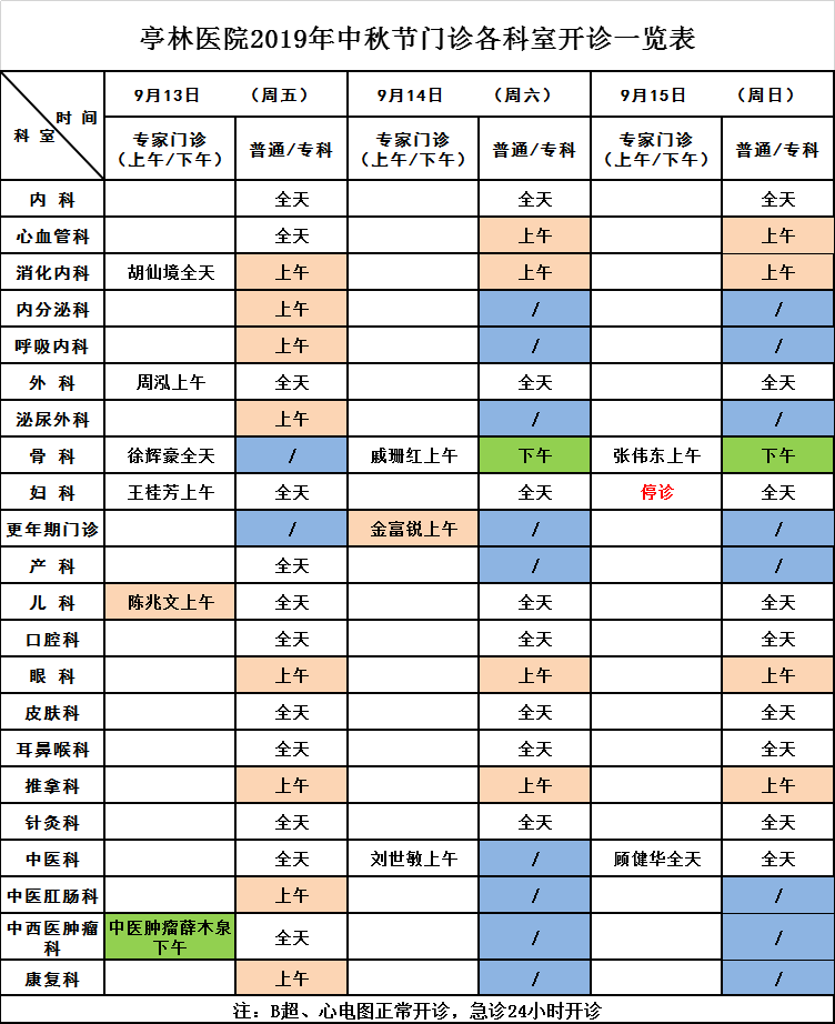 亭林医院2019年中秋节门诊各科室开诊一览表