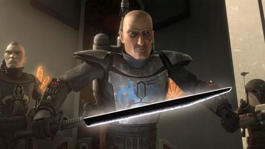 超凡维兹拉手持"暗剑"直到动画《星球大战:义军崛起》,曼达洛人芬恩