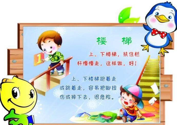 孩子不得翻越栏杆,窗户;上下楼梯靠右行,不拥挤不抢行;同学之间团结