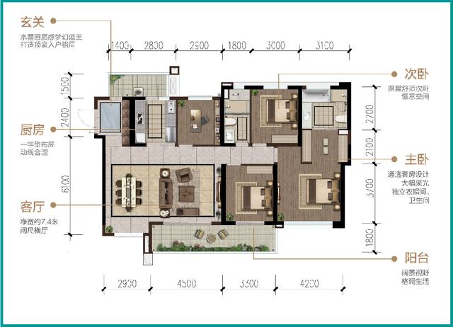 再看龙湖61梵城的户型,购买激情被这大平层户型瞬间点燃,所有要素都
