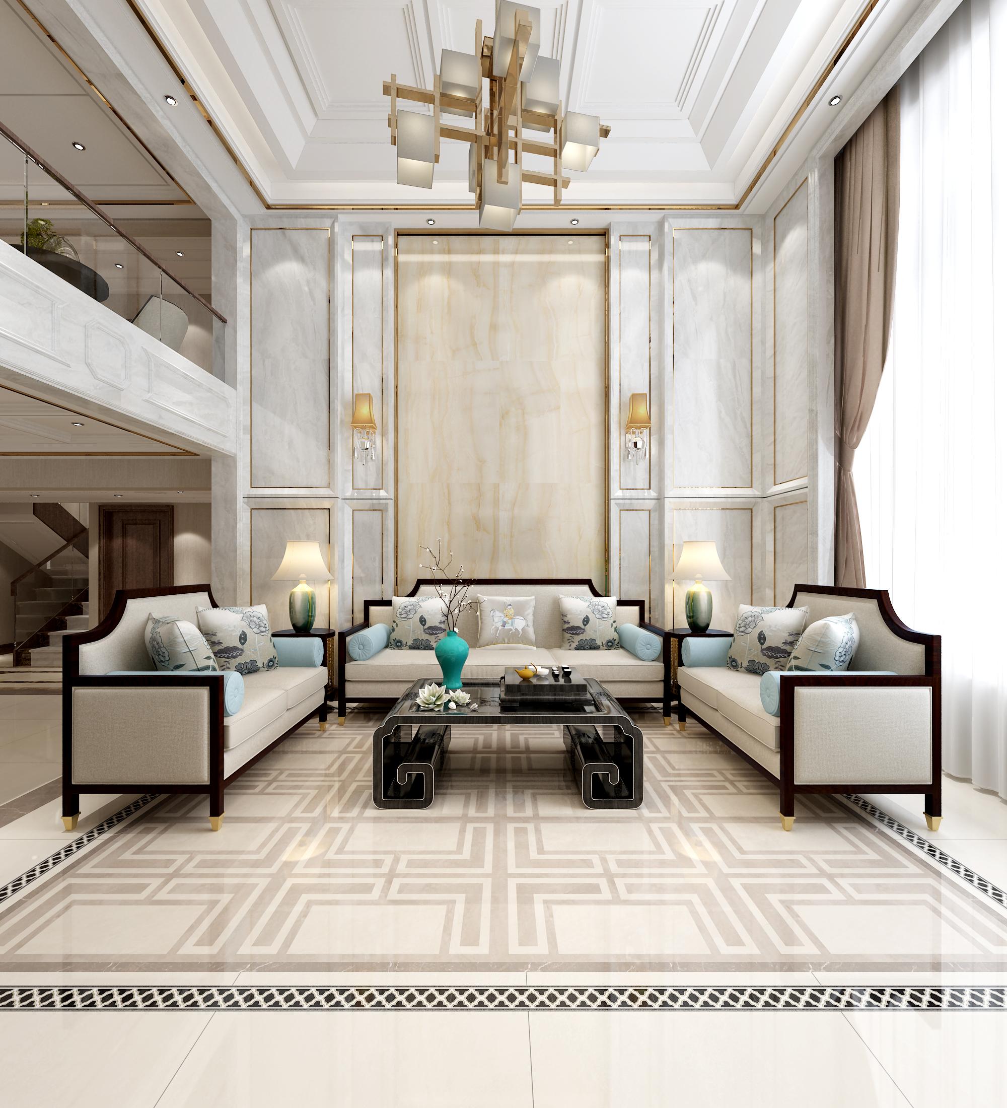 新中式风别墅装修客厅地砖贼洋气直撩心底的优雅魔力