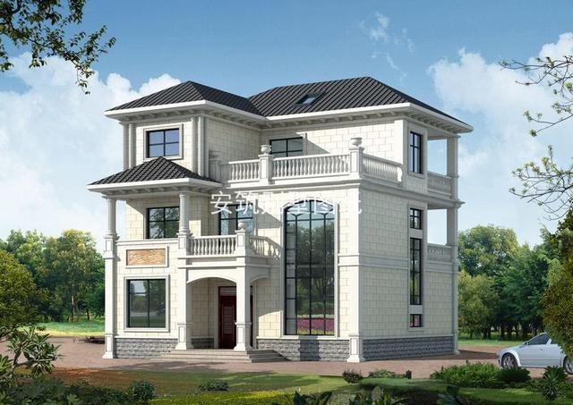 农村三层小别墅黑白灰基调配上中空客厅大露台优雅而内敛