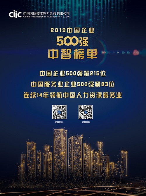 中智位列2019中国企业500强第215位，连续14年领航中国人力资源服务业