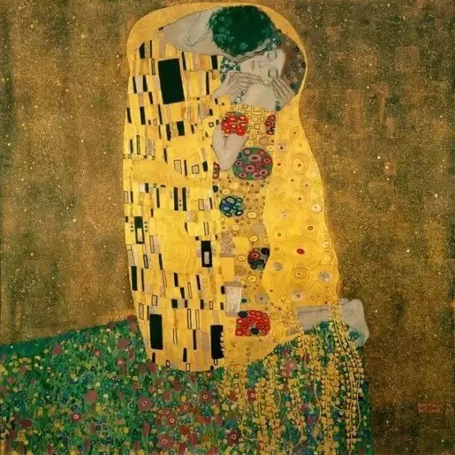 吻 1907-1908 克里姆特模糊不清的背景下,两个跪着的身影似乎融为了