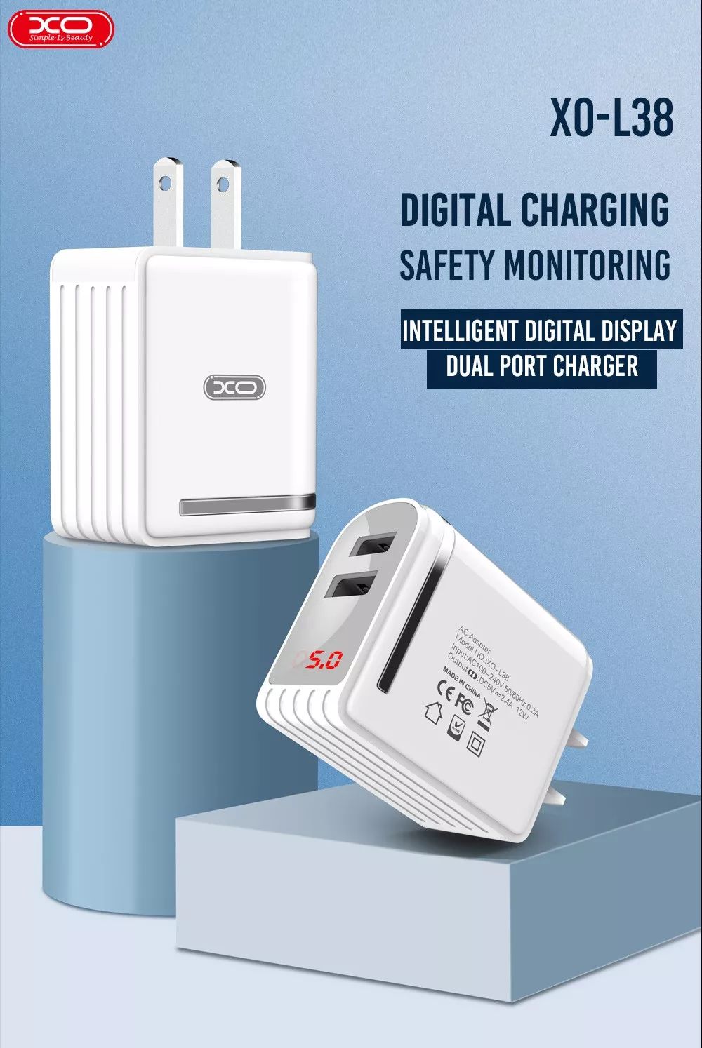 xo-l38 intelligent digital display dual usb charger