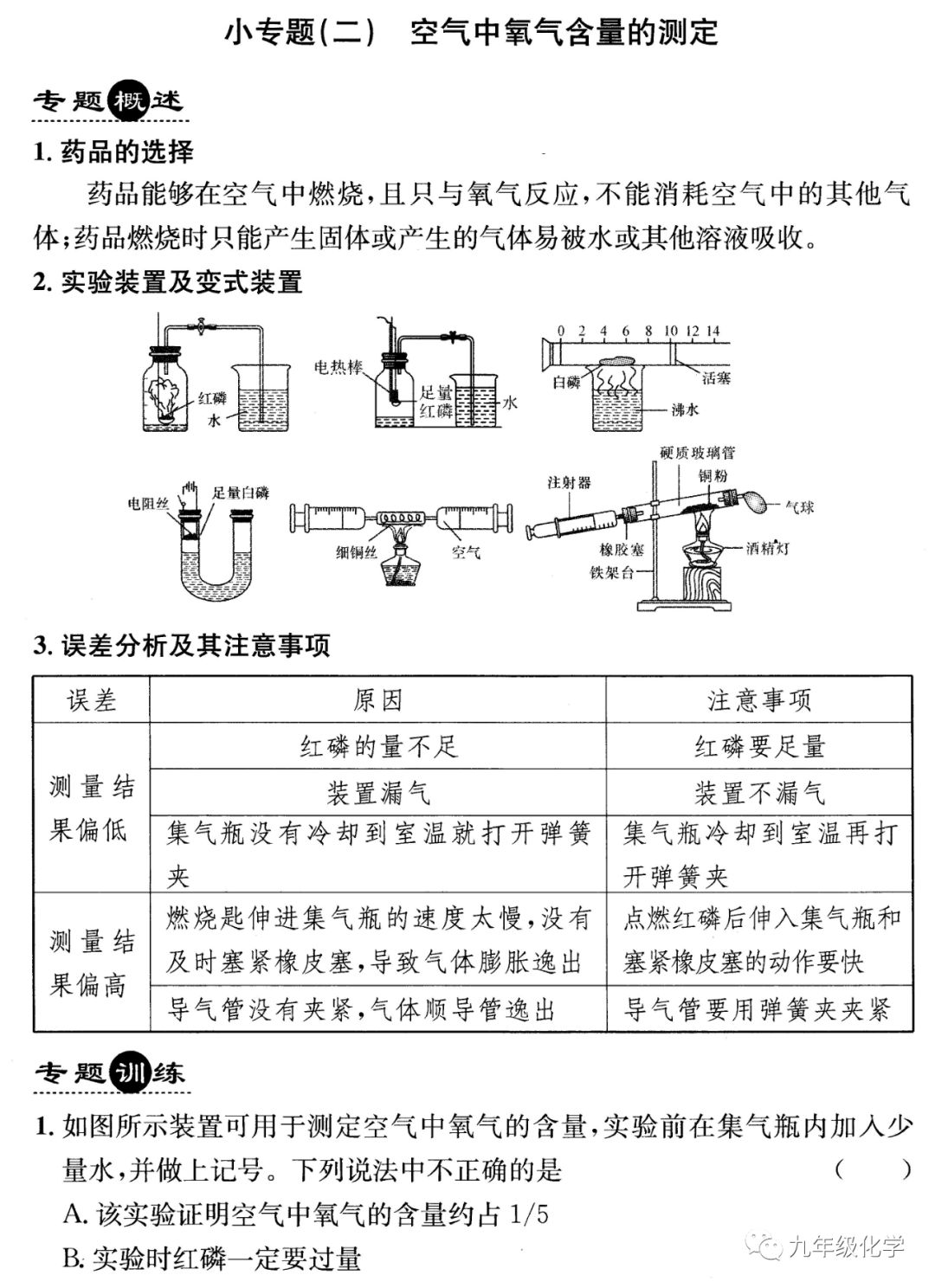 【五分钟专练】小专题(二)空气中氧气含量的测定