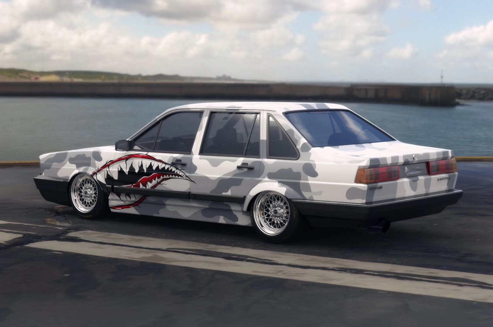 黑白迷彩的车身彩绘老款桑塔纳不只有情怀