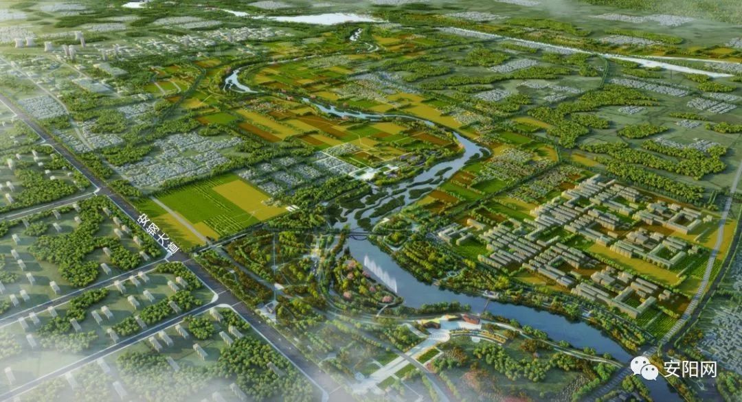 段平面图与鸟瞰图城区段城区段以洹河景观带为纽带,串联广益纱厂,洹园