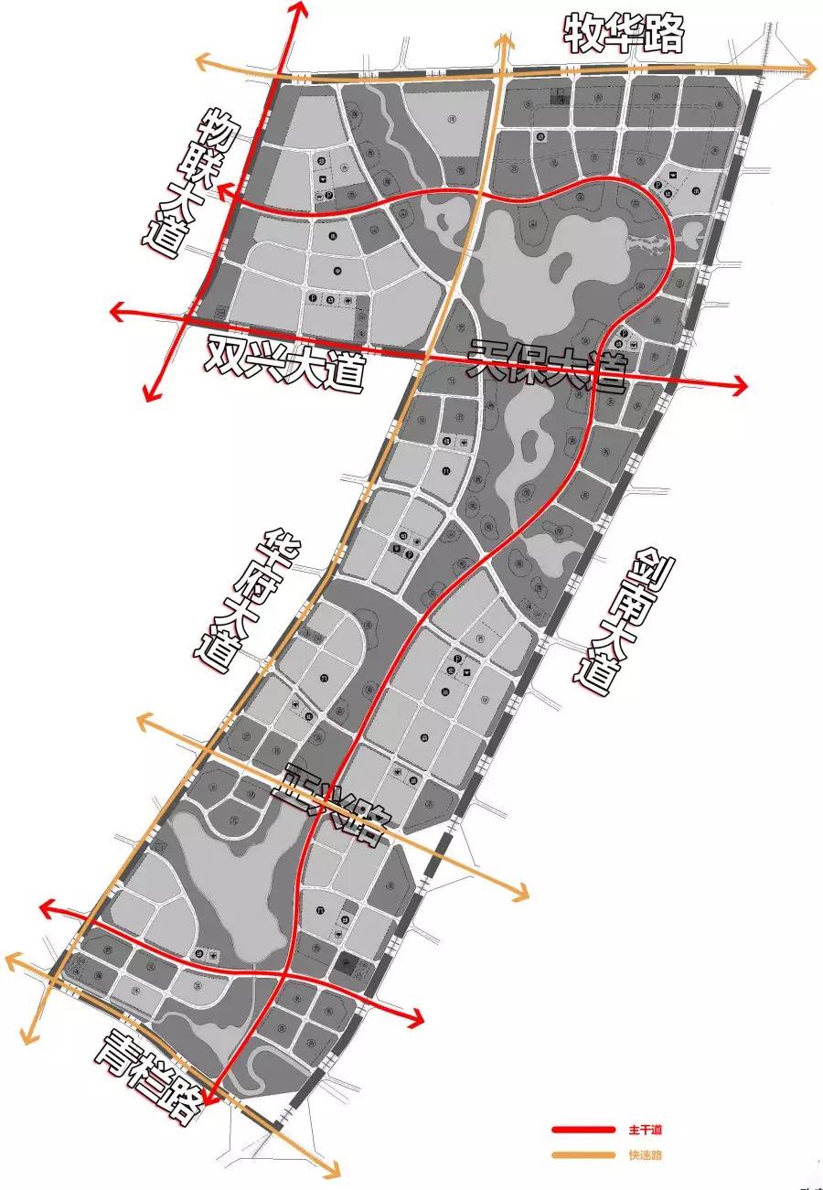 主干路两横一纵一环线,快速路三横两纵核心b区的住宅用地规划非常稀少