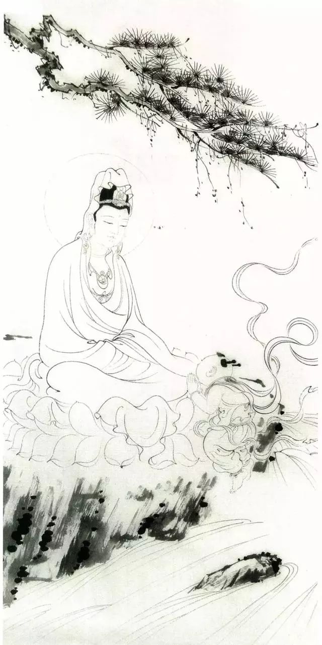 步骤一:用小兰叶描手法勾勒出观音与童子的形象,要点与站立的观音像