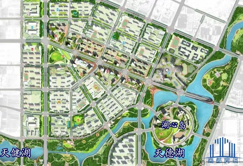 双湖科技城规划图,下方为双湖体系天健湖实景图天德湖湖心岛项目正在