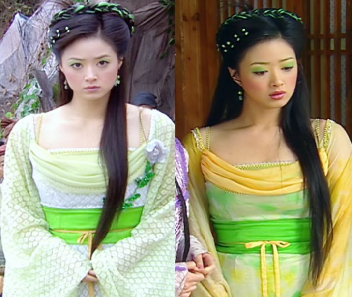 原创欢天喜地七仙女有多少同款不同色的古装银耳裙双色一字肩七色