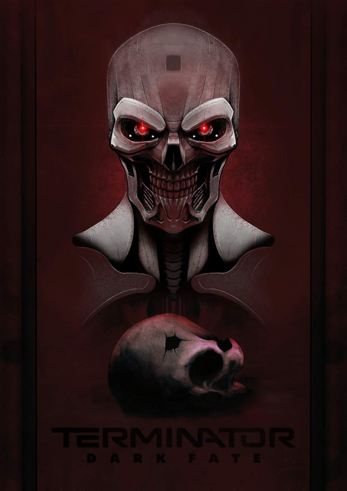 有的作品终结者的机械头骨与人类穿孔的头颅相对应,气氛诡秘;还有