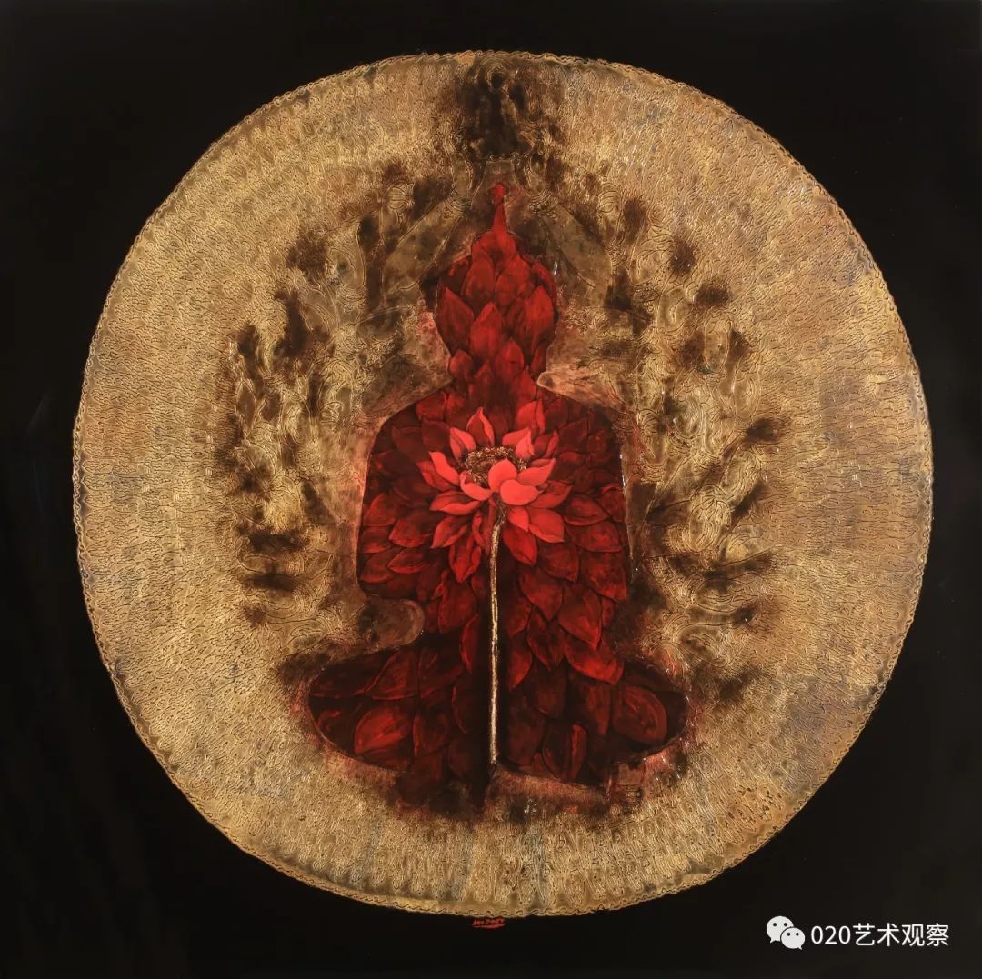 花开见佛之三漆画120cm×120cm在刘春潮心灵的光芒中呈现为神秘,厚重
