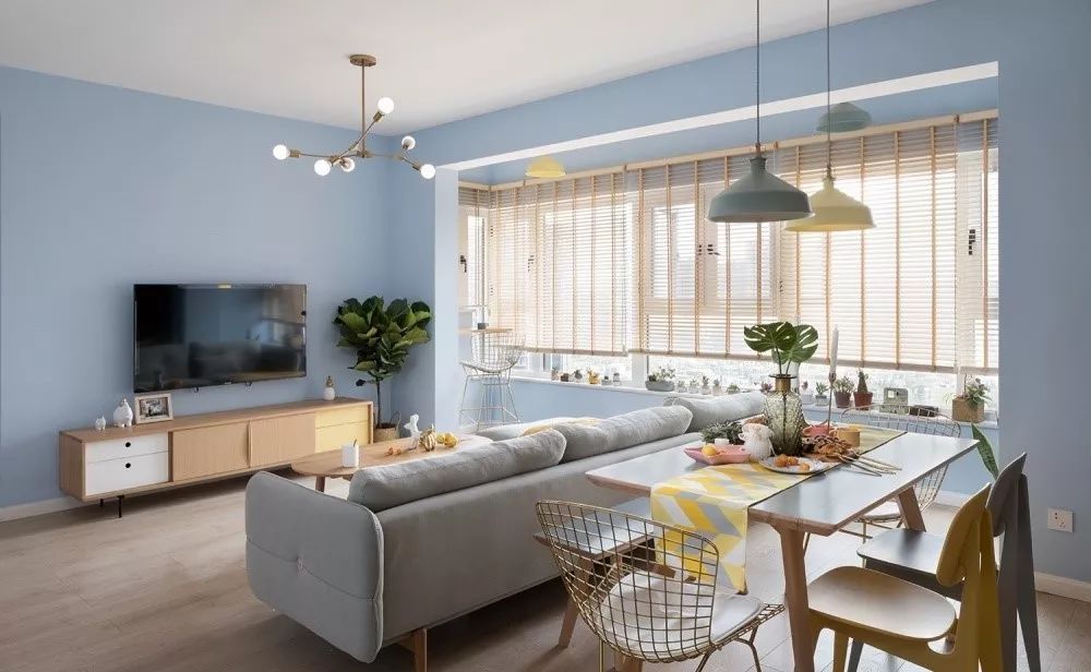 100平简约北欧风格装修效果图马卡龙清新蓝横厅设计超赞