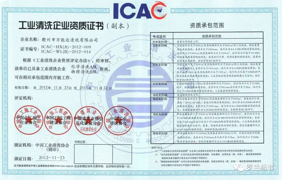 省东方(集团)防腐有限公司物理清洗c级:icac-wl(c)(储罐)-2018-0022