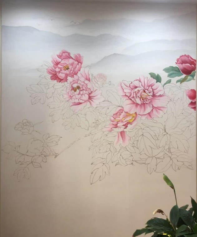 北京店铺墙绘 老板请画师手绘花开富贵,从此生意兴隆!绘画过程展现!