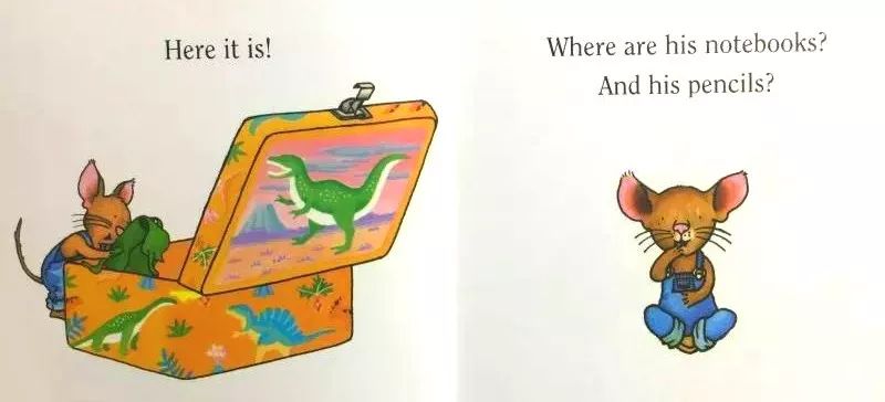 他的背包在哪里?where is his backpack?小老鼠有了一个新的午餐盒.