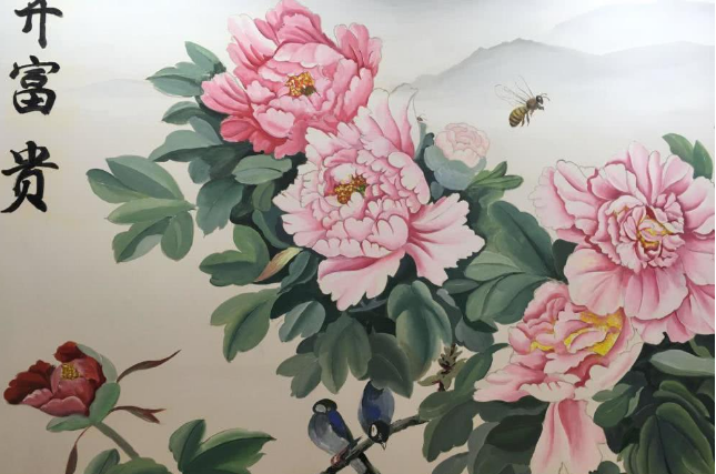 北京店铺墙绘 老板请画师手绘花开富贵,从此生意兴隆!绘画过程展现!