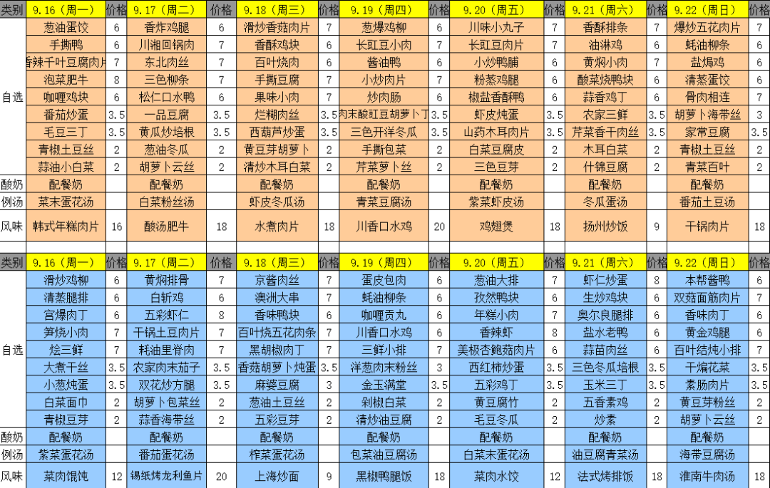 食堂菜单公示916922新一周菜单来啦