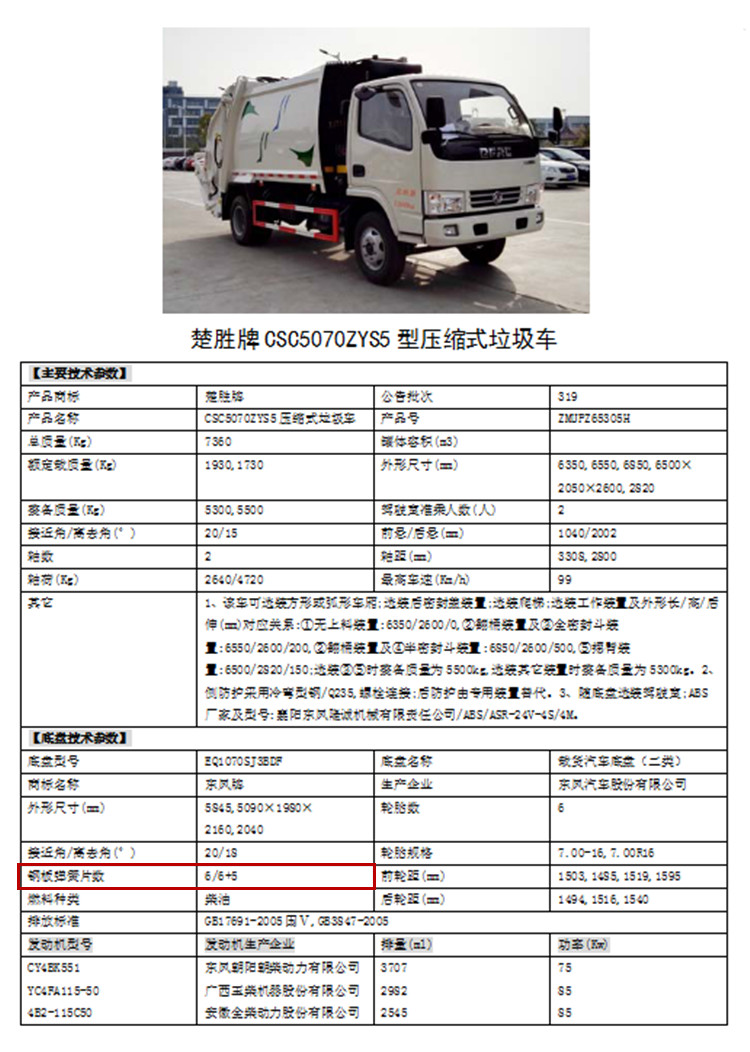 垃圾车技术参数表中的钢板弹簧片数是什么意思?