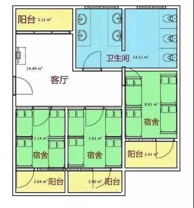 8人寝室平面图图片