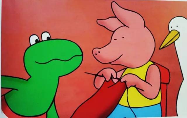 弗洛格跟着小鸭,野兔来到了小猪家,小猪拿来针和毛线,她和野兔织起了