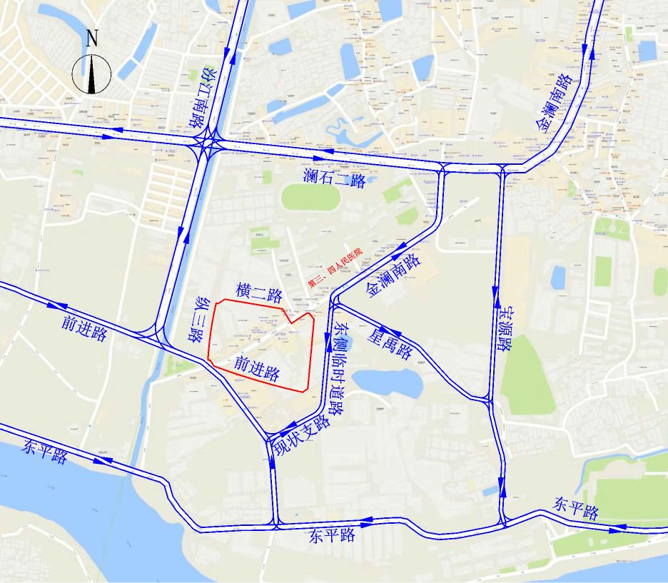 屆時,過往車輛可通過如下路徑繞行: 瀾石二路金瀾南路東側臨時道路