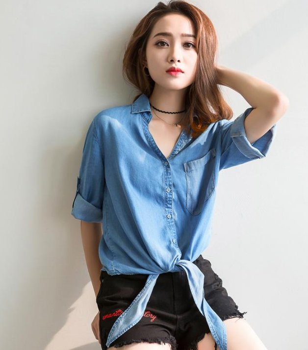 原创早秋流行的下摆打结衬衫搭配什么下身服装比较好看