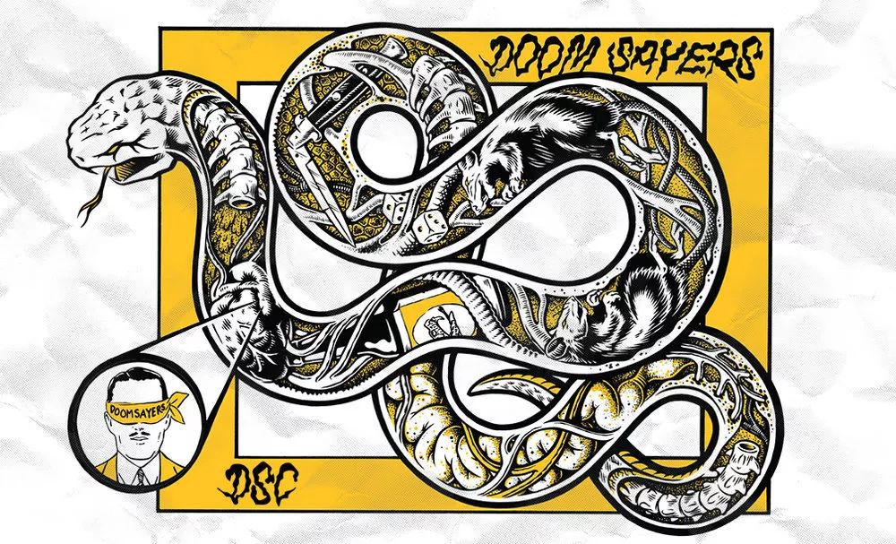 doomsayers的图案反映了反企业和反权威的态度,一直使用着蛇和商人的