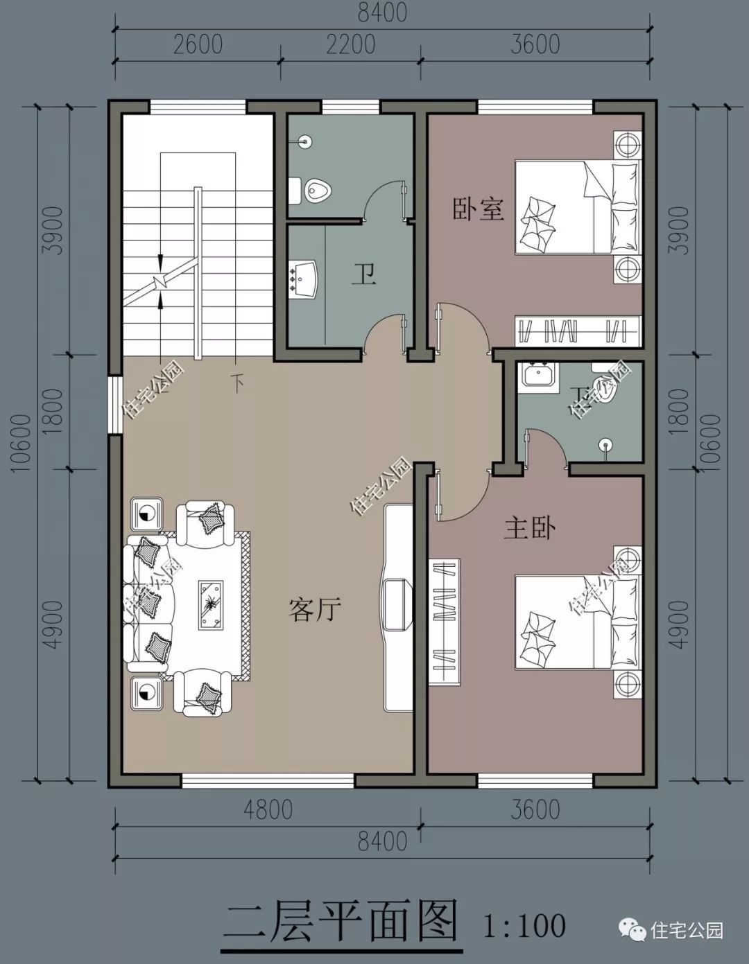 住宅三层与二层采用相同的布局,只将客厅处改为了一个大露台,方便家人