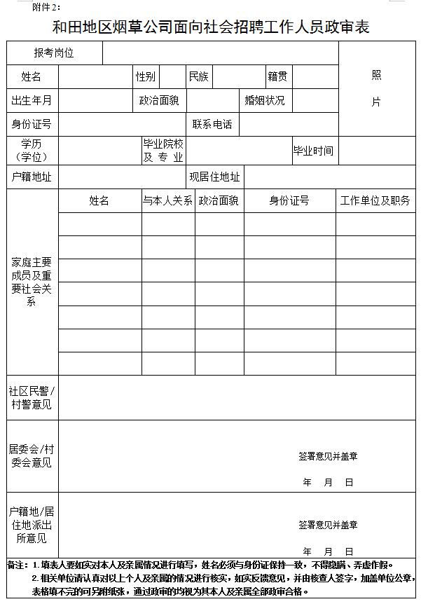 《和田地區菸草公司面向社會招聘工作人員報名表》(附件1,網上自行