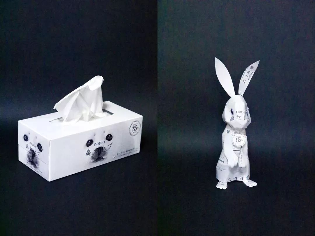 他使用印有动物眼睛图样的纸巾盒时,就干脆创作出一只白色的兔子纸雕