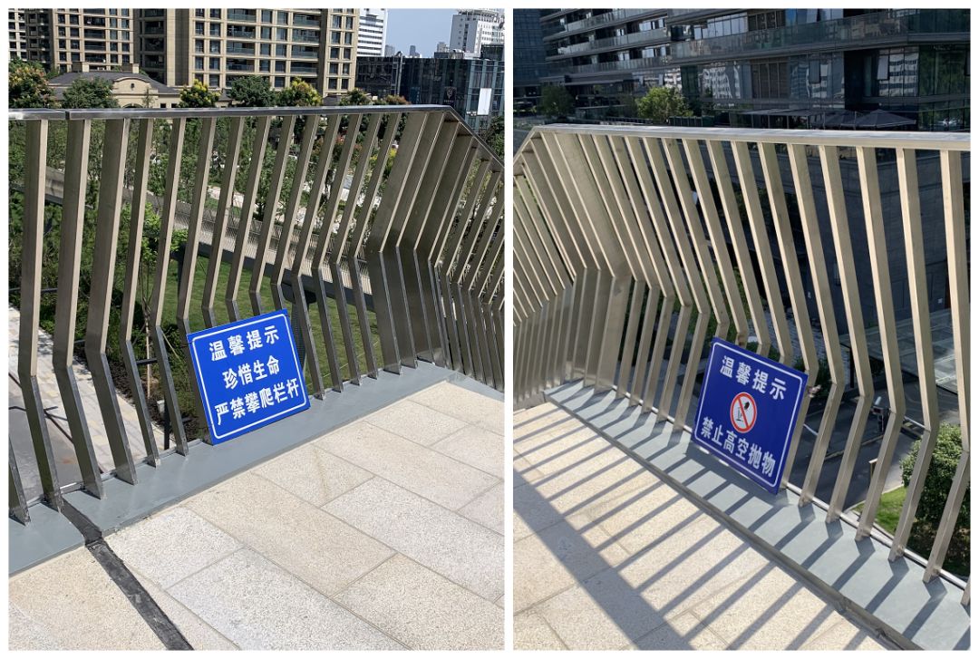 严禁攀爬,禁止高空抛物等警示牌桥上多处还摆放着临时开放,注意安全侧