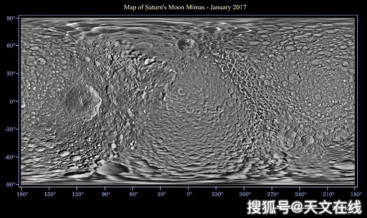 拍摄的最佳图片拼接而成的极地立体地图,展示的是土星卫星土卫一(英文