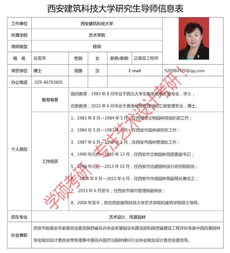导师简介:西安建筑科技大学艺术学院艺术设计风景园林,吴雪萍正高级