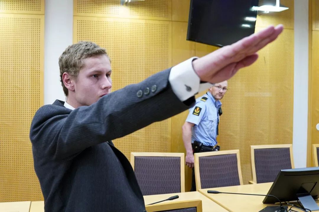 向记者举手做出纳粹敬礼手势