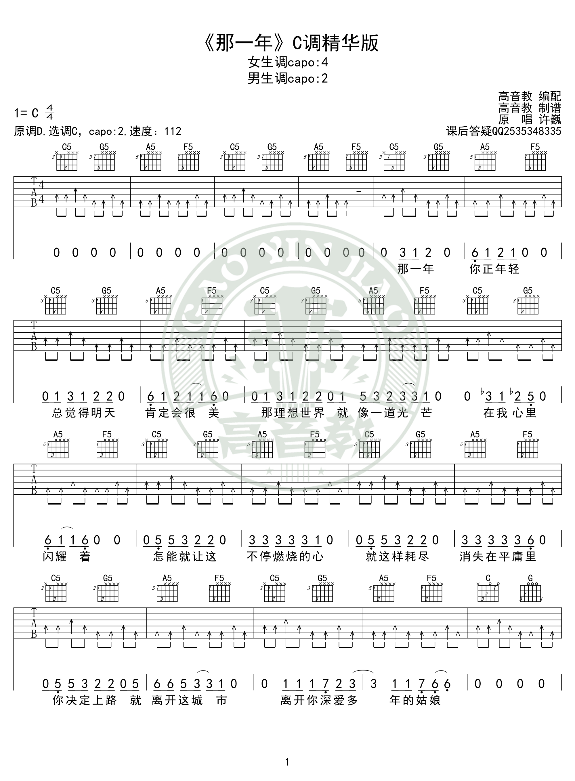 许巍《那一年》吉他谱c调精华版 高音教编配 猴哥吉他教学