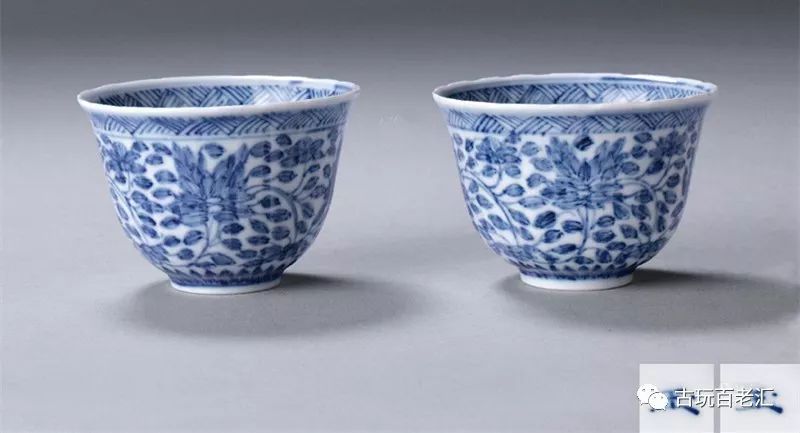 清康熙 青花"玉"字款花卉纹薄胎花瓣式杯 (一对)吉言赞颂款有:"在川