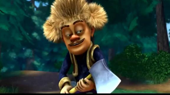 光头强阴差阳错的用伐木斧头打下了松塔被熊二当成秘密武器