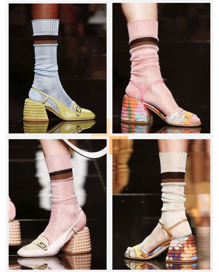 婀娜的过膝袜与高跟露跟便鞋和露趾花朵凉鞋相互搭配,复古又摩登