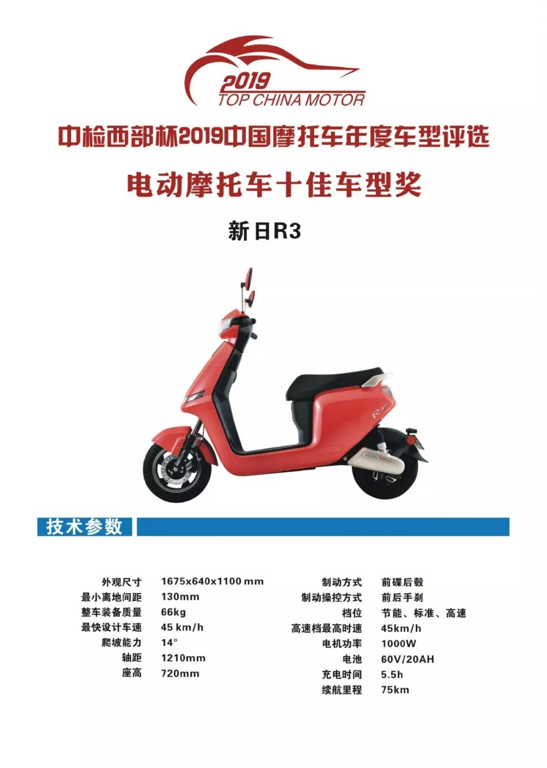 新日r3荣获电动摩托车组十佳车型奖