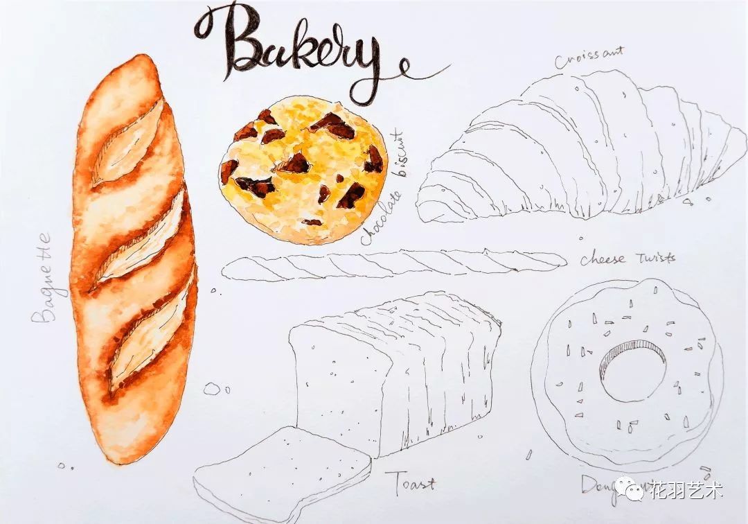 钢笔淡彩教程下午茶烘焙系列画面包